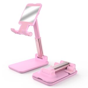 Cell Phone Stand, Adjustable Angle and Height Cell Phone Holder for Desk, Foldable and Portable, Anti-Slip Silicone Pad, Compatible with All Mobile Phones and 4-8 Inch Devices, Pink