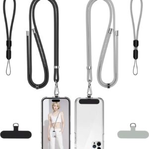 takyu Phone Lanyard, 2 Pack Adjustable Cell Phone Lanyard Crossbody Neck Strap & 2 Pack Phone Wrist Strap with 2 Pcs Tether Tabs Compatible for iPhone Android Smartphones-Black Grey