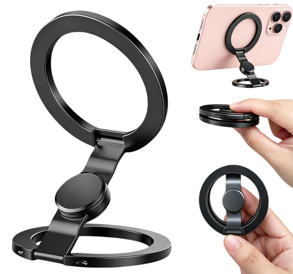 Magnetic Phone Stand & Fidget Spinner Combo, 2-in-1 Foldable Phone Holder with Dual Magnetic Rings, 360° Rotation 270° Flip,Strong Compatible Stand for MagSafe,Desk, Car, Gym (Gunmetal)