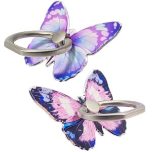 2 Pcs Butterfly Cell Phone Ring Stand Holder, Cute Butterfly Design Finger 360° Rotating Metal Hand Phone Stand Holder, with Adjustable Knob Loop (Purple, Blue)
