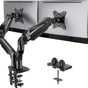 HUANUO FlowLift™ Dual Monitor Stand, Fully Adjustable Gaming Monitor Desk Mount for 13–32″ Computer Screens, Full Motion VESA 75x75/100x100 with C-Clamp & Grommet Base, Each Arm Holds 4.4 to 19.8 lbs