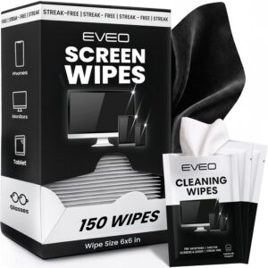 EVEO Screen Wipes (150 Pack) - Electronic Wipes, Computer Screen Cleaner Wipes for Electronics | Computer Screen Wipes & Laptop Cleaner, Phone Wipes, Car Screen Cleaner & More - Microfiber Included