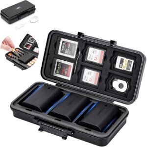 JJC Multi-Function Camera Battery Case Memory Card Holder for Canon LP-E6 Sony NP-FZ100 Nikon EN-EL15 Fuji NP-W235, Water-Resistant & Shockproof Case for SD CFexpress Type A B XQD Cards, AA Batteries